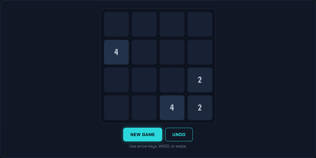 NeonReflex 2048 board mid-game with merged tiles