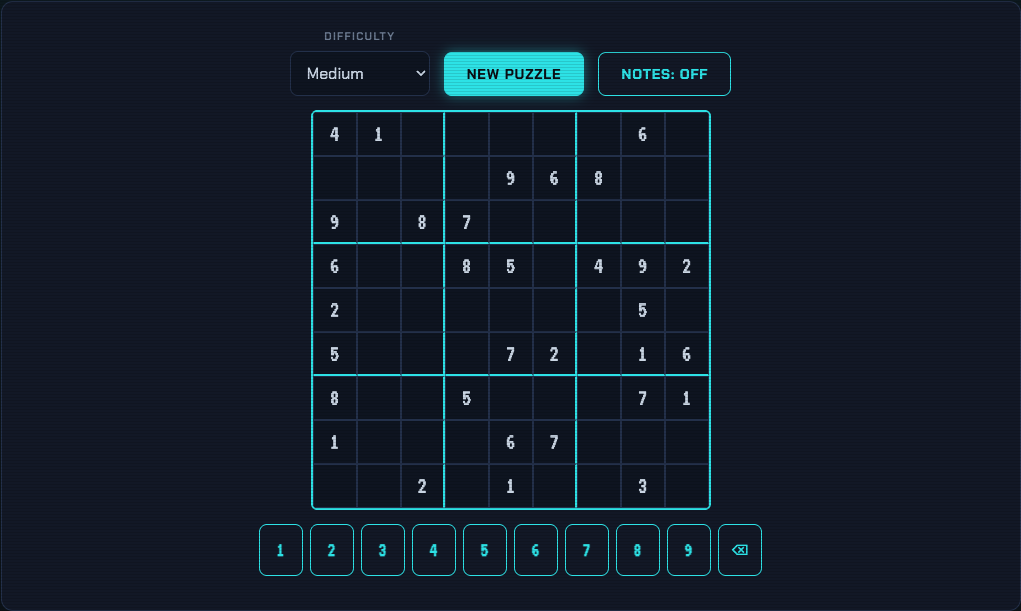 NeonReflex sudoku board, a freshly generated medium puzzle with a number pad below